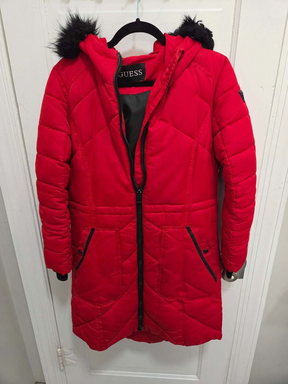 GUESS Red Puffer Winter Coat Jacket with Faux Fur Hood Size M